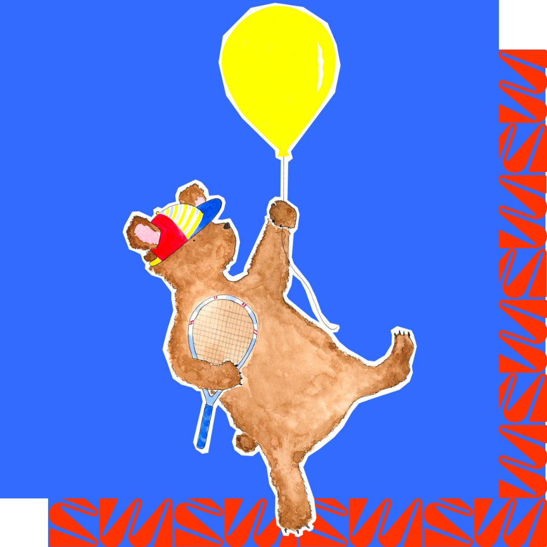 Tennis bear watercolour painted in Paris, that can be personalised with child or baby name, ideal for wall art in bedroom or nursery